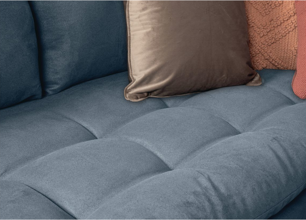 Απεικονίζει το ύφασμα και τα μαξιλάρια του γωνιακού καναπέ Athens Interium Αριστερή Γωνία Γκρι/Μπλε.